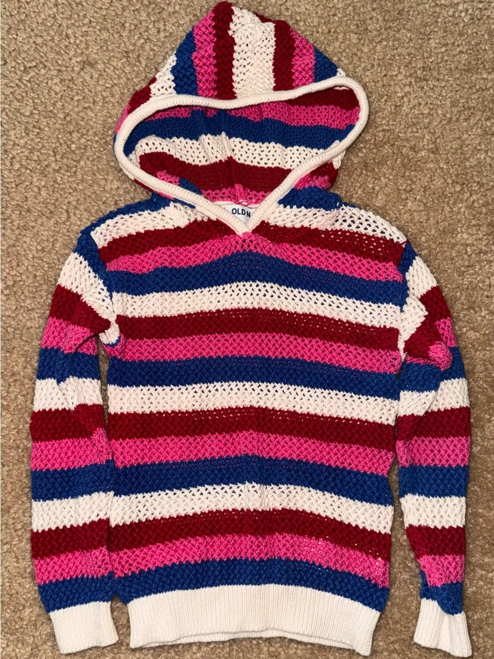 Striped Hooded Crochet Sweater - Pink, Blue, White, Red